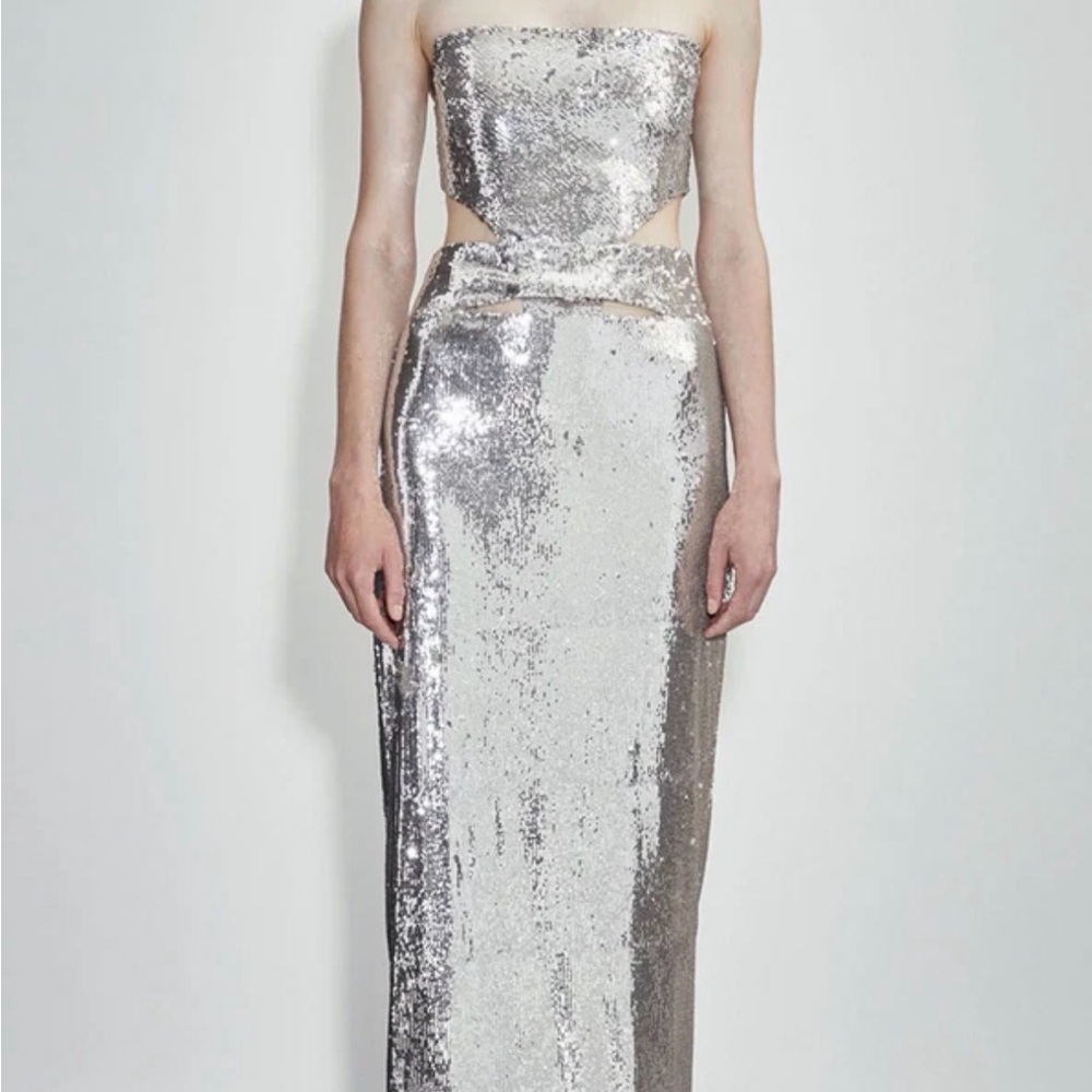 Silver Sequin Strapless Maxi Dress